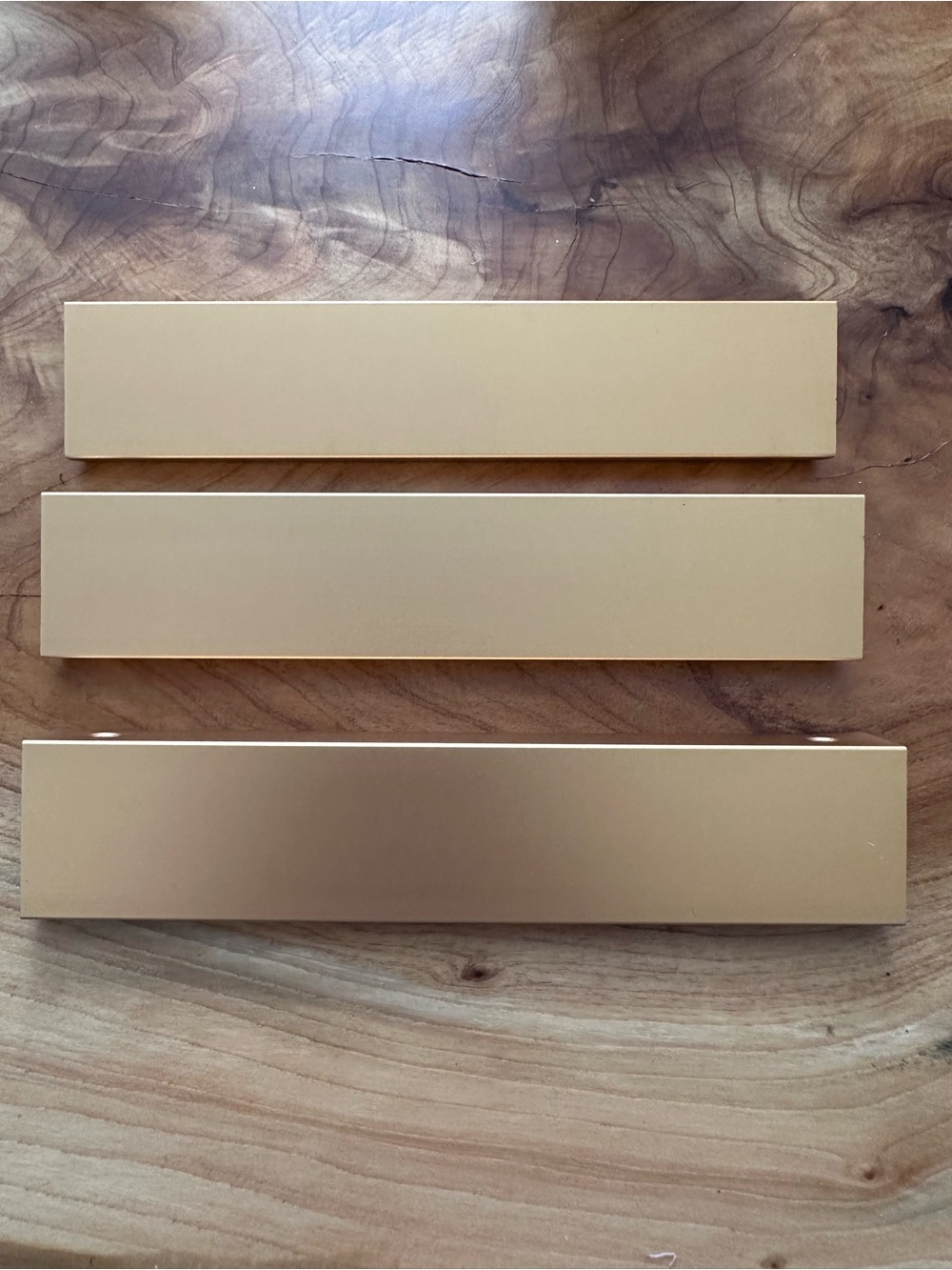 Set Drawer Pulls in Brushed Gold, Three, Rectangular Metal